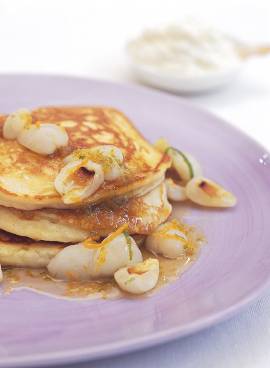 Ricotta pancakes with caramelised lychees